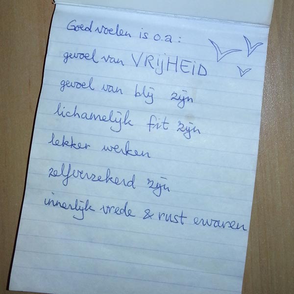 Goed voelen is o.a.: gevoel van VRIJHEID; gevoel van blij zijn; lichamelijk fit zijn; lekker werken; zelfverzekerd zijn; innerlijke vrede & rust ervaren